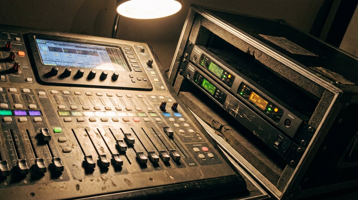 Digitale Audiomischkonsole mit beleuchteten Fadern neben einem Rack mit Drahtlos-Empfängern