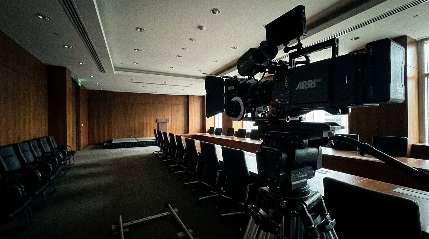 Professionelle ARRI-Broadcast-Kamera auf Stativ in einem holzvertäfelten Sitzungssaal mit Rednerpult