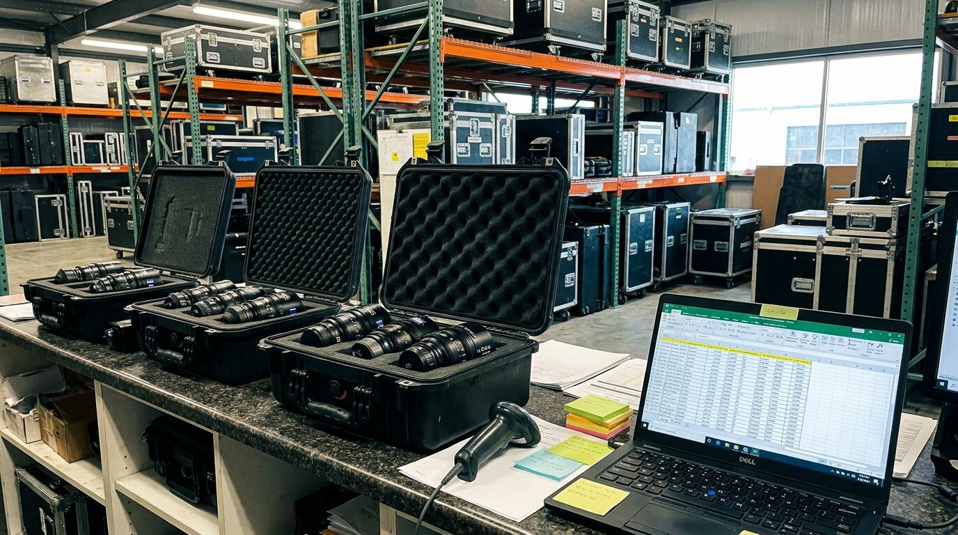 Ausgabetheke eines Technikverleihs mit Objektiven in Schutzkoffern, Laptop und Lagerregalen im Hintergrund